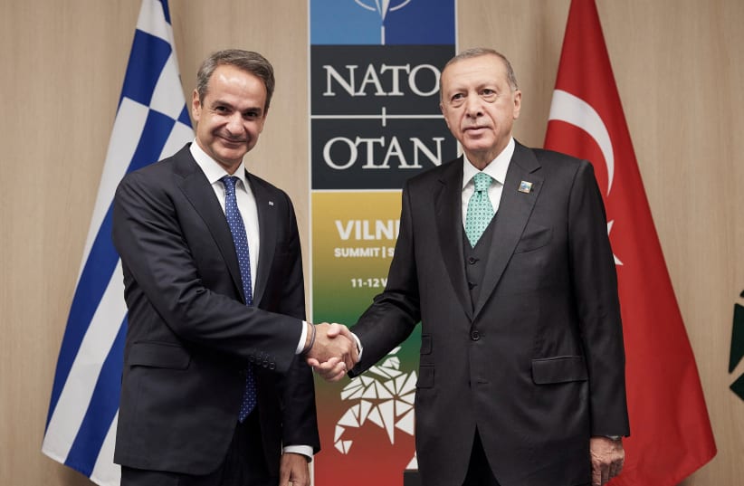  Greece's Prime Minister Kyriakos Mitsotakis meets with Turkey's President Tayyip Erdogan during a NATO leaders summit in Vilnius, Lithuania July 12, 2023 (photo credit: REUTERS)