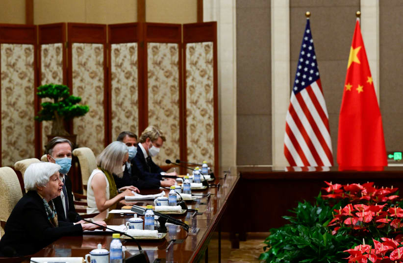  US Treasury Secretary Janet Yellen attends a meeting with Chinese Vice Premier He Lifeng at the Diaoyutai State Guesthouse in Beijing on July 8, 2023. (photo credit: PEDRO PARDO/POOL VIA REUTERS)