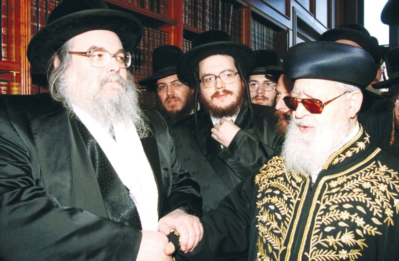  BELZER REBBE Yissachar Dov Rokeach meets with then-Shas spiritual leader Rabbi Ovadia Yosef, in 2001. (photo credit: FLASH90)