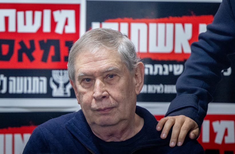  Tamir Pardo, Former Director of the Mossad attends a press conference at the protest tent of the Movement for Quality Government in Israel against the proposed changes to the legal system, outside the Supreme Court in Jerusalem, on February 2, 2023.  (photo credit: YONATAN SINDEL/FLASH90)