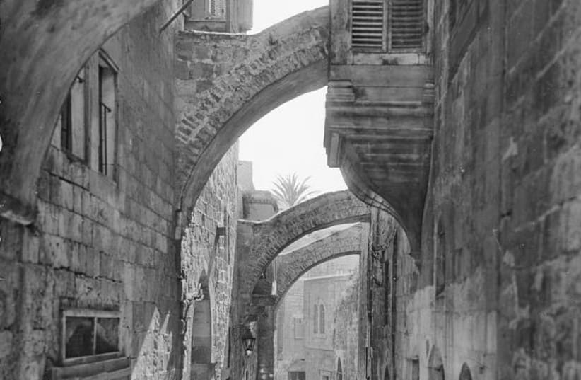  AWE: VIA Dolorosa, between fifth and sixth stations, looking east; Jerusalem’s Old City; 1898-1946. (photo credit: Wikimedia Commons)