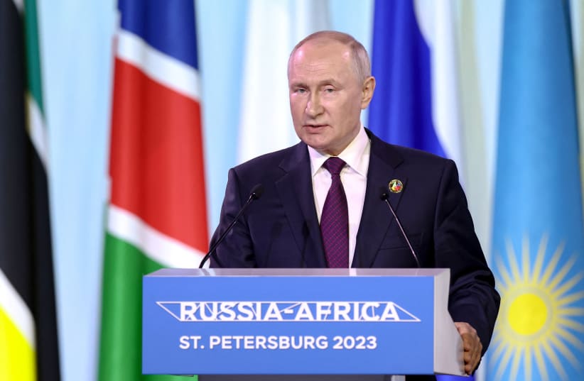 Russian President Vladimir Putin delivers a statement at a the final day of the Russia-Africa summit in Saint Petersburg, Russia, July 28, 2023. (photo credit: Valery Sharifulin/TASS Host Photo Agency via REUTERS)