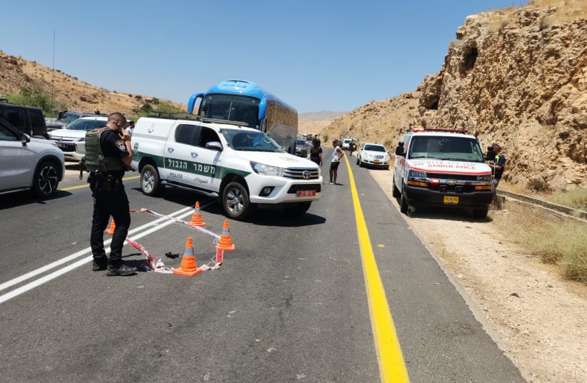  The scene of a drive by shooting in Jordan Valley, August 2, 2023. (photo credit: MAGEN DAVID ADOM)