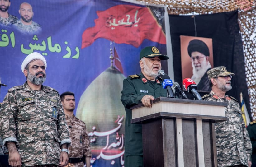  Islamic Revolutionary Guard Corps (IRGC) Commander-in-Chief Major General Hossein Salami speaks during an exercise in Abu Musa Island, in this picture obtained on August 2, 2023. (photo credit: IRGC/WANA (West Asia News Agency)/Handout via REUTERS)