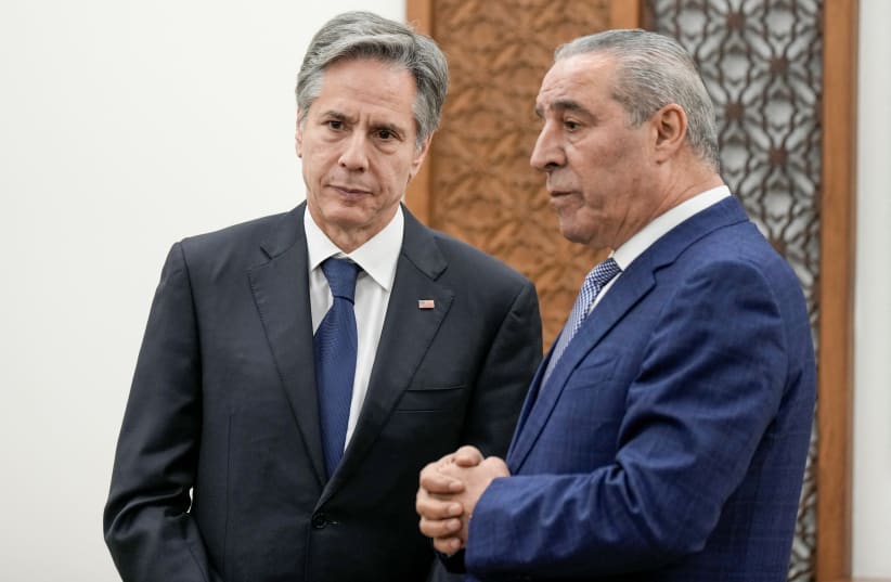US Secretary of State Antony Blinken meets with Secretary General of the Executive Committee of the Palestine Liberation Organization (PLO) Hussein al-Sheikh in Ramallah in the West Bank January 31, 2023. (photo credit: MAJDI MOHAMMED/POOL VIA REUTERS)