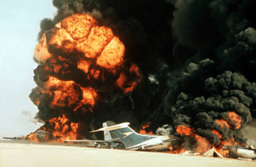  Aircraft at Dawson's Field, Jordan are seen exploding following the hijackings by the PFLP, on September 12, 1970. (photo credit: Wikimedia Commons)