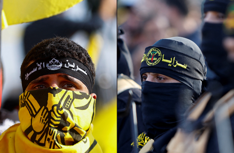  A Palestinian attends a rally marking the 58th anniversary of Fatah, in Gaza City in 2022 (left) and a Palestinian Islamic Jihad supporter at a rally in Gaza commemorating members of the group killed in Operation Shield and Arrow in 2023. (right) (photo credit: IBRAHEEM ABU MUSTAFA/REUTERS, MOHAMMED SALEM/REUTERS)