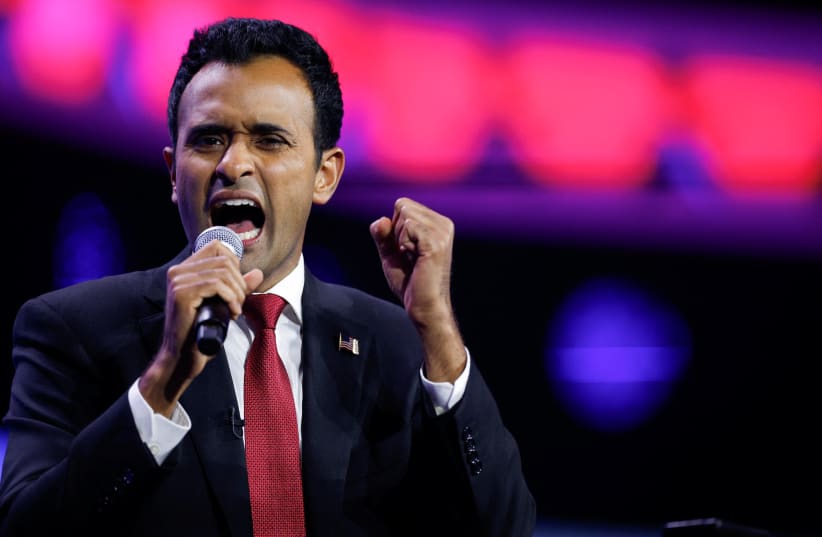 Republican U.S. presidential candidate Vivek Ramaswamy speaks during the Turning Point Action Conference in West Palm Beach, Florida, U.S. July 15, 2023. (photo credit: REUTERS/MARCO BELLO)