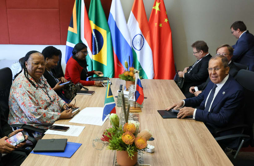  Russia's Foreign Minister Sergei Lavrov attends a meeting with South Africa's Foreign Minister Naledi Pandor on the sidelines of the BRICS summit in Johannesburg, South Africa, August 23, 2023 (photo credit: RUSSIAN FOREIGN MINISTRY/HANDOUT VIA REUTERS)