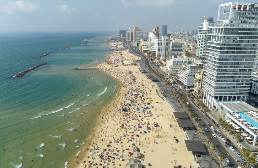  Aerial view of the Tel Aviv beach promenade. June 11, 2023.  (photo credit: MATANYA TAUSIG/FLASH90)