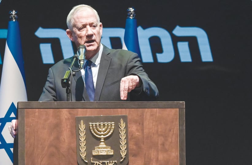  NATIONAL UNITY head MK Benny Gantz speaks at a party event, last week. The only party with significant upward movement in polls is the only party openly calling for a unity government and compromise, says the writer. (photo credit: AVSHALOM SASSONI/FLASH90)