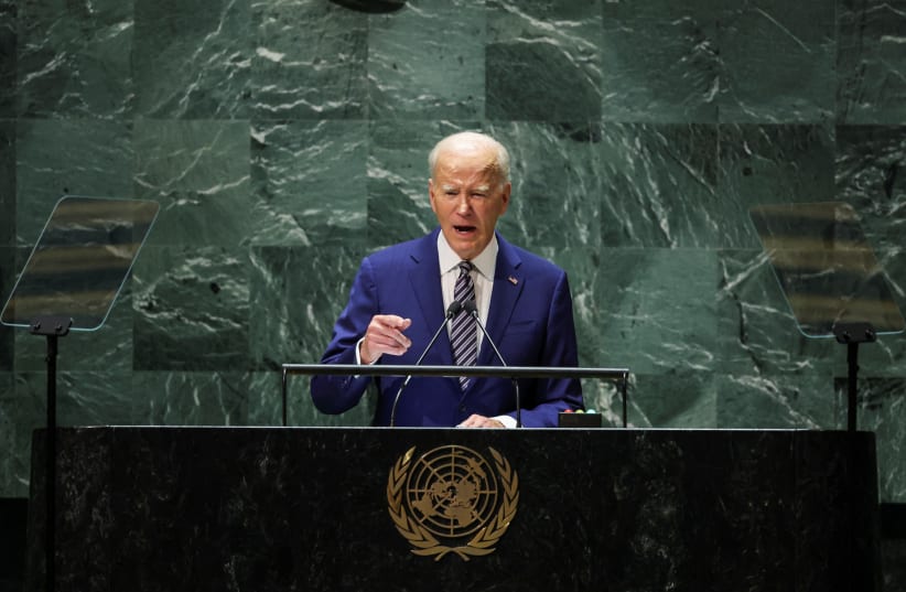  US President Joe Biden addresses the 78th Session of the UN General Assembly in New York City, US, September 19, 2023. (photo credit: Mike Segar/Reuters)