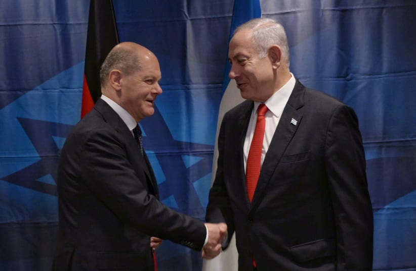  Israeli Prime Minister Benjamin Netanyahu is seen meeting German Chancellor Olaf Scholz at the UN General Assembly meeting in New York, on September 19, 2023. (photo credit: Avi Ohayon/GPO)