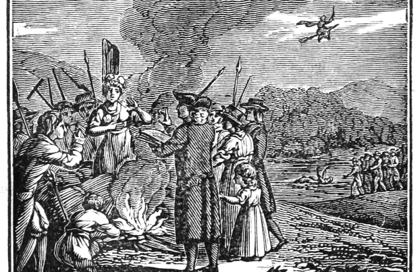   Nineteenth-century illustration of colonial-era witch hysteria (including a witch flying on a broomstick). (photo credit: PICRYL)