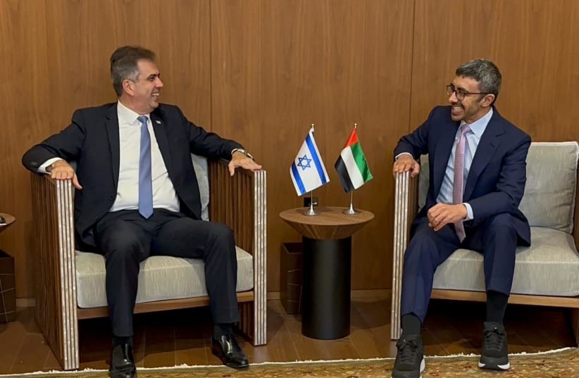  Emirati Foreign Affairs Minister Abdullah bin Zayed Al Nahyan meets with Israeli counterpart Eli Cohen in New York City on September 20, 2023. (photo credit: MINISTRY OF FOREIGN AFFAIRS)