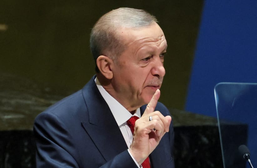 Turkey's President Tayyip Erdogan addresses the 78th Session of the UN General Assembly in New York City, US, September 19, 2023.  (photo credit: BRENDAN MCDERMID/REUTERS)