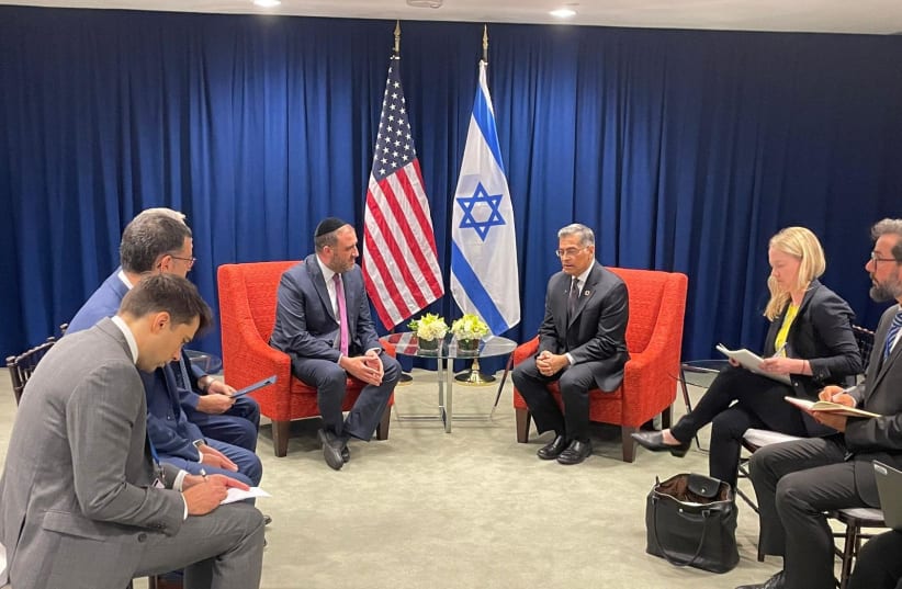  Israeli Health Minister Moshe Arbel meets with his American counterpart Xavier Becerra in New York on September 21, 2023. (photo credit: HEALTH MINISTRY)