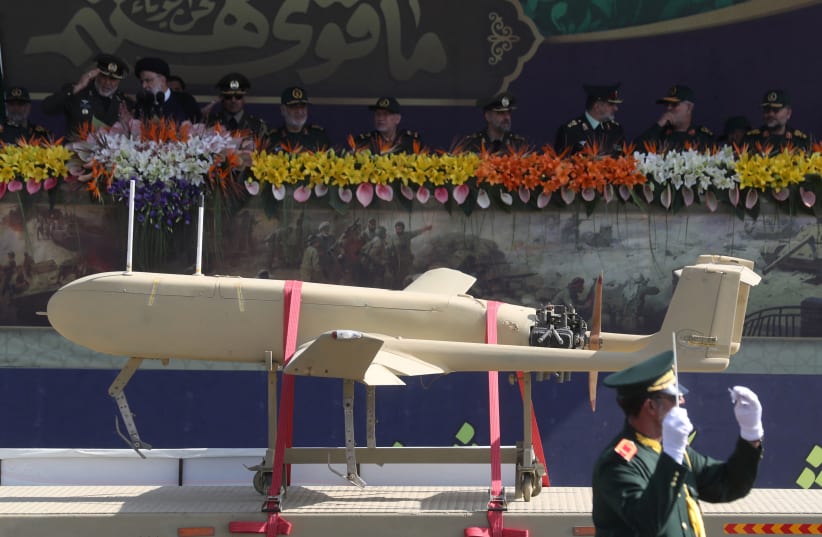  An Iranian drone is seen during the annual military parade in Tehran, Iran, September 22, 2023. (photo credit: MAJID ASGARIPOUR/WANA (WEST ASIA NEWS AGENCY) VIA REUTERS)