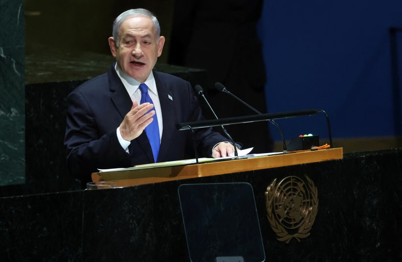  Prime Minister Benjamin Netanyahu addresses the 78th United Nations General Assembly at UN headquarters in New York City, New York, US, September 22, 2023 (photo credit: REUTERS/MIKE SEGAR)