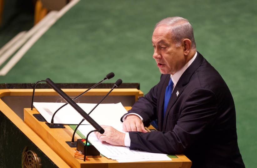  Prime Minister Benjamin Netanyahu at the UNGA, September 22, 2023. (photo credit: PERRY BINDELGLASS/THE JERUSALEM POST)
