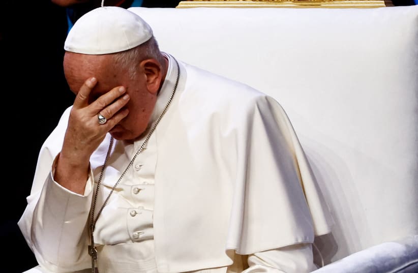  Pope Francis reacts as he attends a meeting at Palais du Pharo, on the occasion of the Mediterranean Meetings (MED 2023), in Marseille, France, September 23, 2023. (photo credit: REUTERS/YARA NARDI)