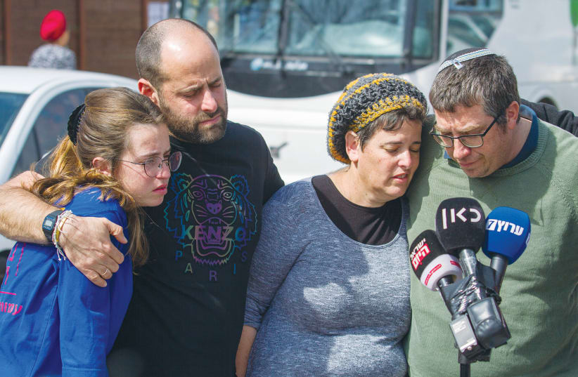  FAMILY MEMBERS of Hallel, 21, and Yagel Yaniv, 19, who were shot and killed in a terror attack in Huwara in February, speak to the media the next day. Seventy-one percent of Palestinians asked, expressed support the shooting of the brothers  (photo credit: FLASH90)
