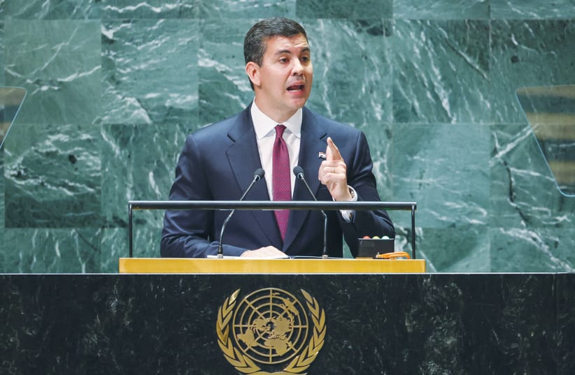 Paraguay's President Santiago Peña addresses the UN General Assembly in New York City, last week. When Peña calls himself ‘Israel’s greatest friend,’ there is no reason to doubt his intentions, says the writer.  (photo credit: Eduardo Munoz/Reuters)