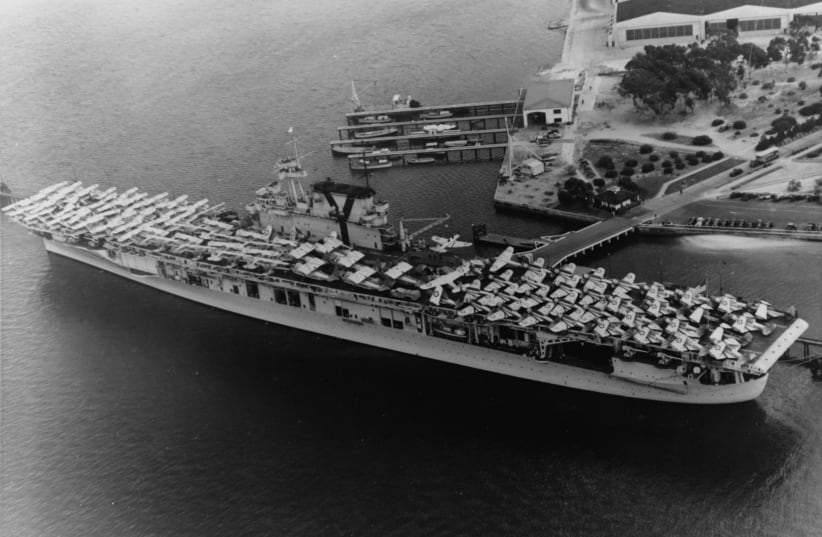  The US Navy aircraft carrier USS Yorktown (CV-5) at Naval Air Station North Island, San Diego, California (USA), in June 1940, embarking aircraft and vehicles prior to sailing for Hawaii.  (photo credit: US NAVY)