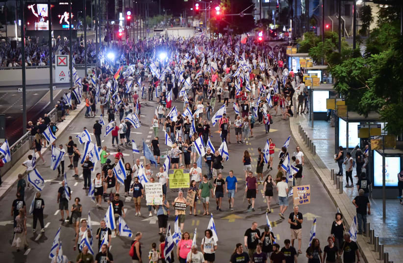  Anti-overhaul activists protest against the government's judicial overhaul, in Tel Aviv, on September 23, 2023 (photo credit: AVSHALOM SASSONI/FLASH90)