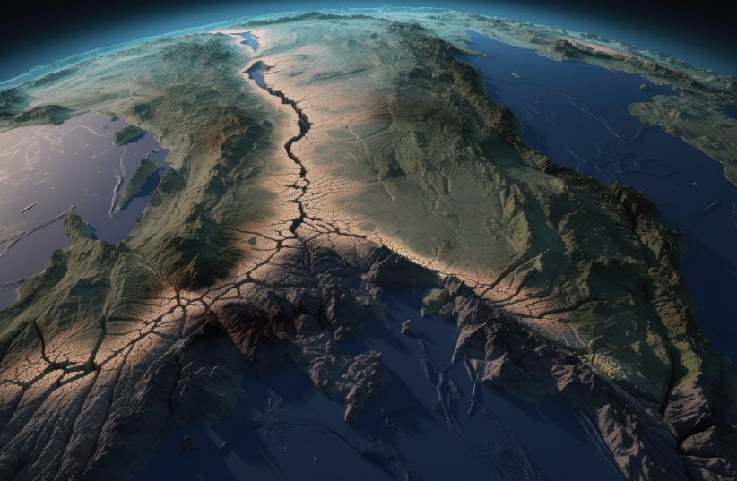 Aerial view of the Earth’s surface, with visible fault lines and earthquake epicenters, created with generative AI, (photo credit: ING IMAGE)