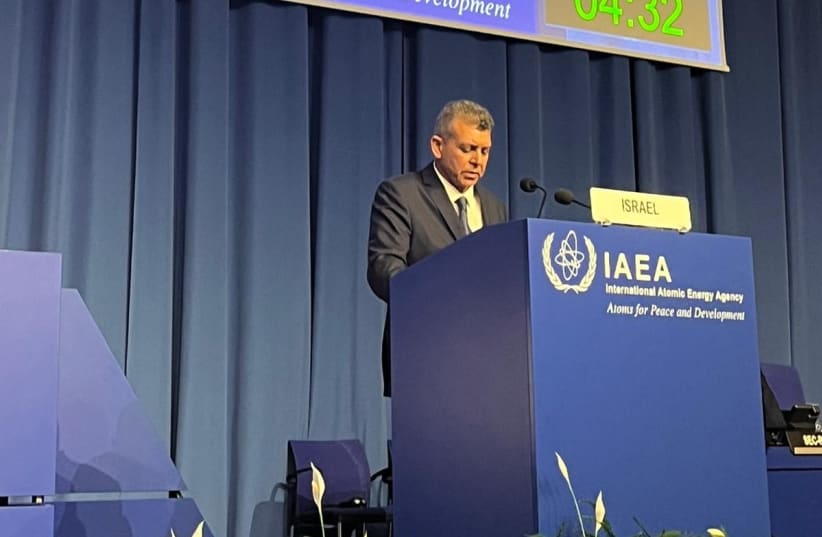  Moshe Edri, head of Israel's Atomic Energy Commission, is seen speaking at the 67th annual International Atomic Energy Agency (IAEA) conference, on September 26, 2023. (photo credit: Via Maariv)