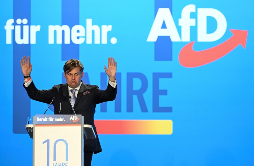  Maximilian Krah, Alternative for Germany (AfD) party member and member of the European Parliament of the Identity and Democracy (ID) group, speaks during the European election assembly 2023 of the Alternative for Germany (AfD) in Magdeburg, Germany, July 29, 2023. (photo credit: REUTERS/ANNEGRET HILSE)