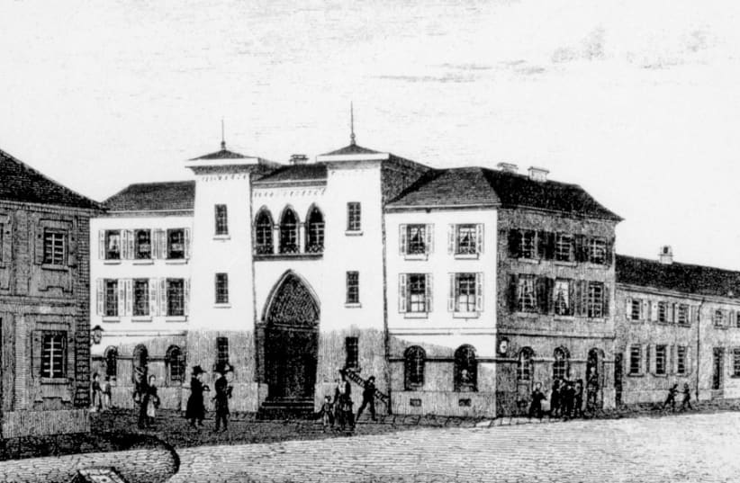 An early image of the Orthodox synagogue in Karlsruhe. (photo credit: WIKIPEDIA)