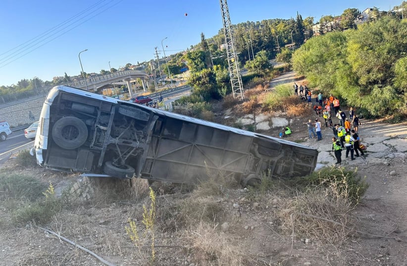  Scenes of the overturned bus near Beit Shemesh, September 27, 2023 (photo credit: ISRAEL POLICE)