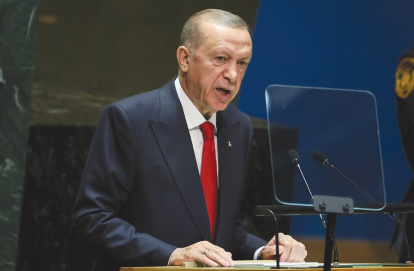  TURKEY’S PRESIDENT Recep Tayyip Erdogan addresses the UN General Assembly in New York, last week.  (photo credit: REUTERS)