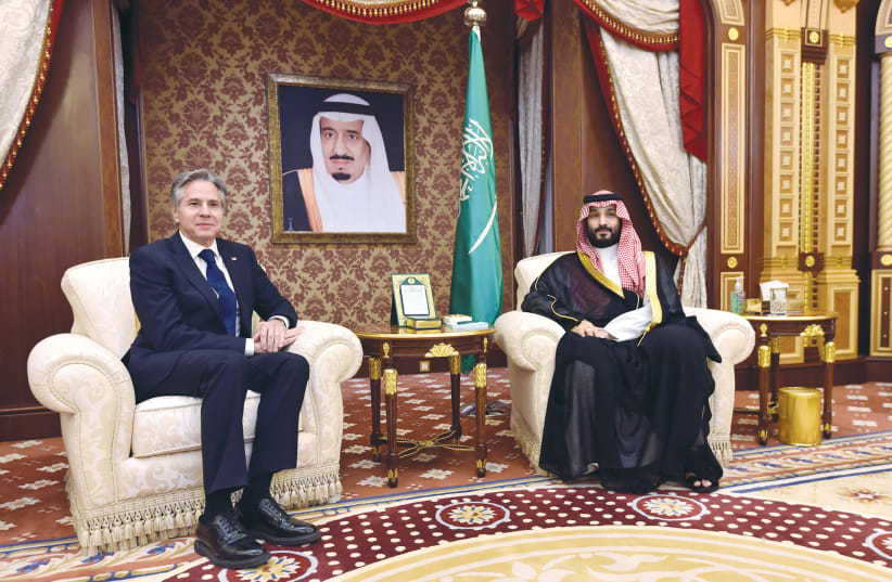  SAUDI CROWN Prince Mohammed bin Salman meets with US Secretary of State Antony Blinken in Jeddah, earlier this year. Washington and Riyadh need the peace accord as much or more than Israel does right now, the writer argues.  (photo credit: AMER HILABI/REUTERS)