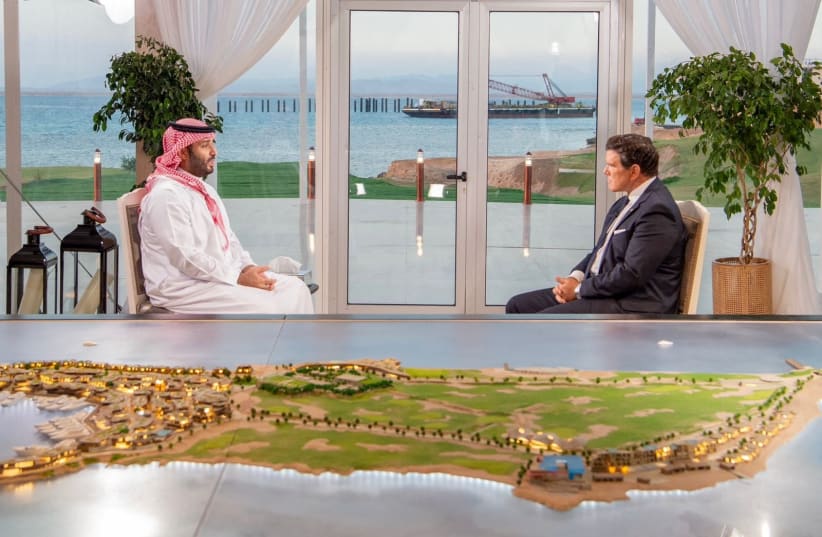  Saudi Arabia's Crown Prince Mohammed bin Salman speaks with Fox News anchor Bret Baier in an interview aired Sept. 21, Neom, Saudi Arabia. (photo credit: SAUDI PRESS AGENCY/HANDOUT VIA REUTERS)