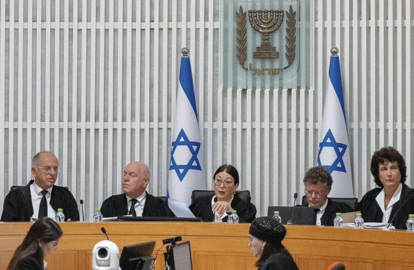  SUPREME COURT President Esther Hayut and members of the court at a hearing earlier this month.  (photo credit: YONATAN SINDEL/FLASH90)