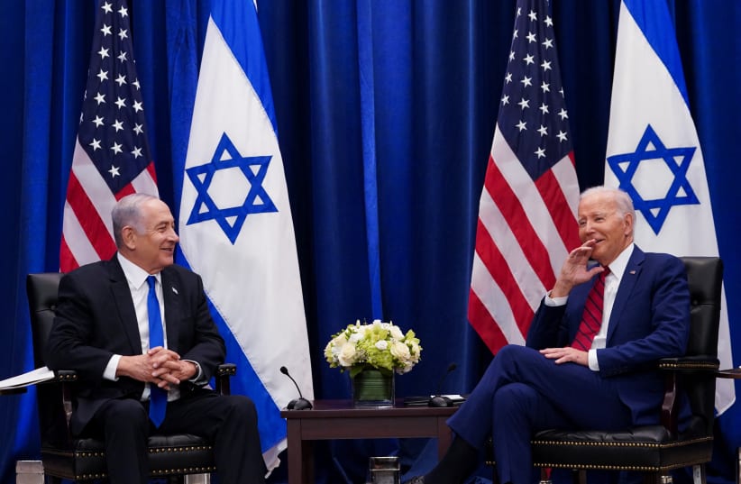  U.S. President Joe Biden holds a bilateral meeting with Israeli Prime Minister Benjamin Netanyahu on the sidelines of the 78th U.N. General Assembly in New York City, U.S., September 20, 2023. (photo credit: REUTERS/KEVIN LAMARQUE)