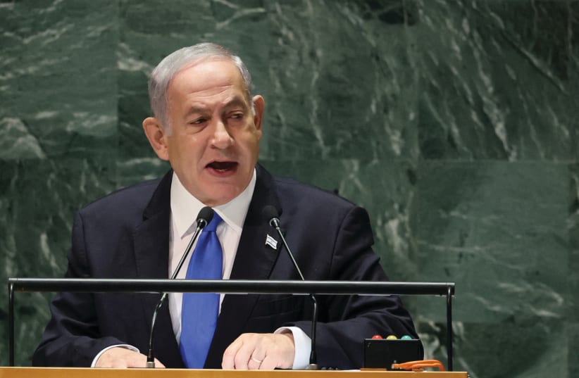  PRIME MINISTER Benjamin Netanyahu addresses the UN General Assembly in New York, last month (photo credit: BRENDAN MCDERMID/REUTERS)