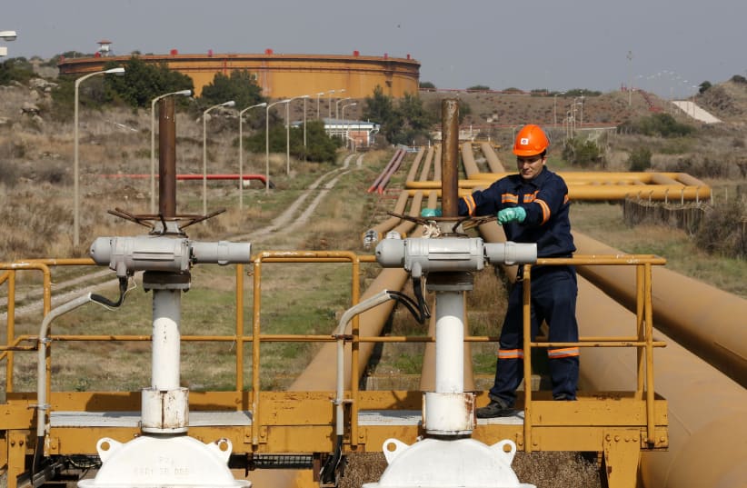A worker checks the valve gears of pipes linked to oil tanks at Turkey's Mediterranean port of Ceyhan, which is run by state-owned Petroleum Pipeline Corporation (BOTAS), some 70 km (43.5 miles) from Adana February 19, 2014 (photo credit: REUTERS/UMIT BEKTAS)
