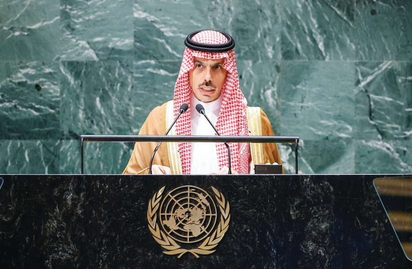  SAUDI FOREIGN Minister Prince Faisal bin Farhan Al Saud addresses the UN General Assembly in New York last month. (photo credit: Eduardo Munoz/Reuters)