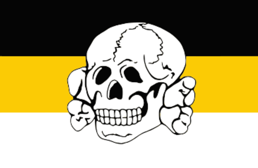  A Russian totenkopf flag seen in 2014. The flag consists of a Totenkopf skull symbol used as SS emblem in Nazi Germany and the black-yellow-white first "State flag" of the Russian Empire (1858–1896) used by some Russian ultra-nationalists. (photo credit: Wikimedia Commons)