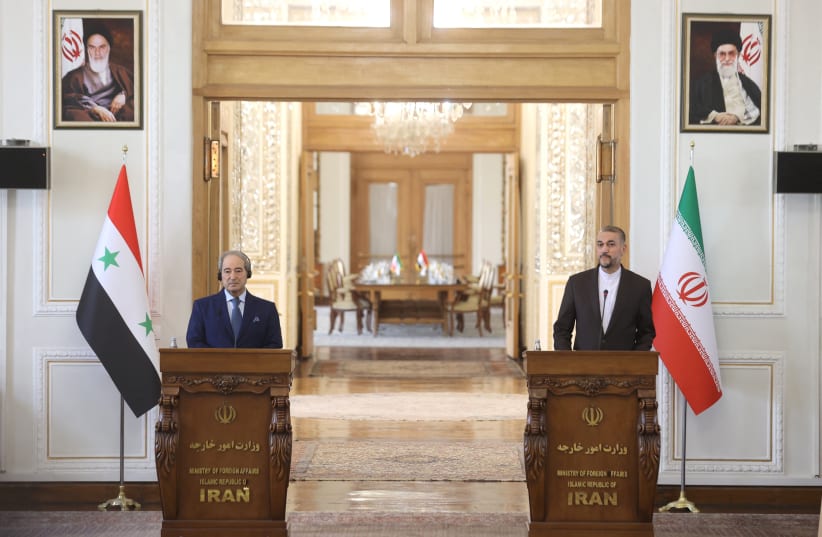  Iran's Foreign Minister Hossein Amir-Abdollahian and Syrian Foreign Minister Faisal Mekdad attend a joint press conference, in Tehran, Iran July 31, 2023. (photo credit: Majid Asgaripour/ WANA via Reuters)