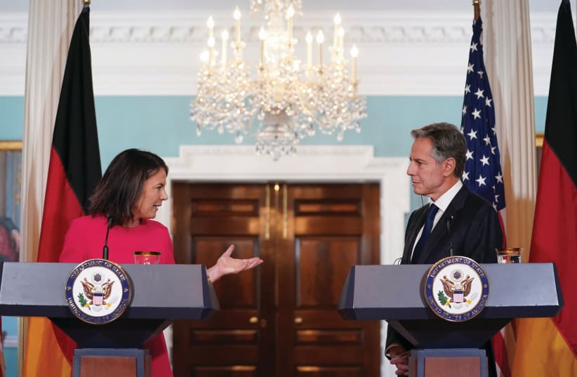  US SECRETARY of State Antony Blinken holds a news conference with German Foreign Minister Annalena Baerbock after their meeting in Washington, last month.  (photo credit: REUTERS)