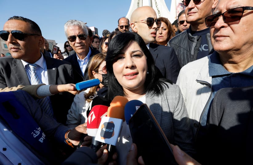 President of Tunisia's Free Destourian Party Abir Moussi speaks to the media during a protest demanding the dissolution of parliament and asking for early legislative elections, in Tunis, Tunisia November 20, 2021. (photo credit: REUTERS/Zoubeir Souissi/File Photo)