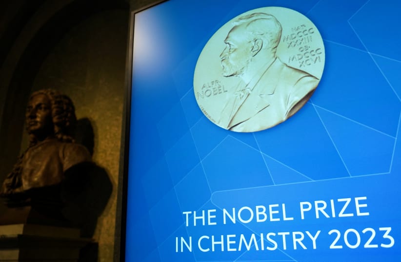  A view of a screen inside the Royal Swedish Academy of Sciences, where the Nobel Prize in Chemistry is announced, in Stockholm, Sweden, October 4, 2023 (photo credit: REUTERS/Tom Little)