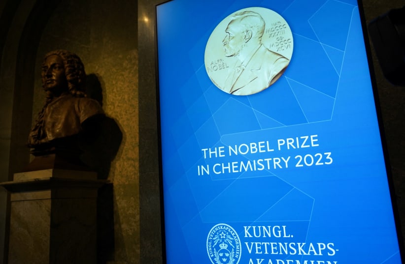  A view of a screen inside the Royal Swedish Academy of Sciences, where the Nobel Prize in Chemistry is announced, in Stockholm (photo credit: REUTERS)