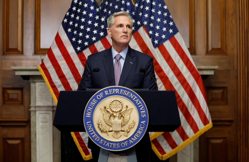  Former Speaker of the House Kevin McCarthy (R-CA) speaks to reporters after he was ousted from the position of Speaker by a vote of the House of Representatives at the U.S. Capitol in Washington, U.S. October 3, 2023 (photo credit: REUTERS/JONATHAN ERNST)