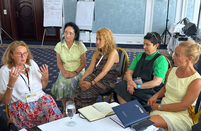  Borka Marinkovic, far left, talks about her experiences as the daughter of Holocaust survivors with a group of Serbian teachers during an August 2023 TOLI education seminar in Šabac, Serbia. (photo credit: LARRY LUXNER/JTA)